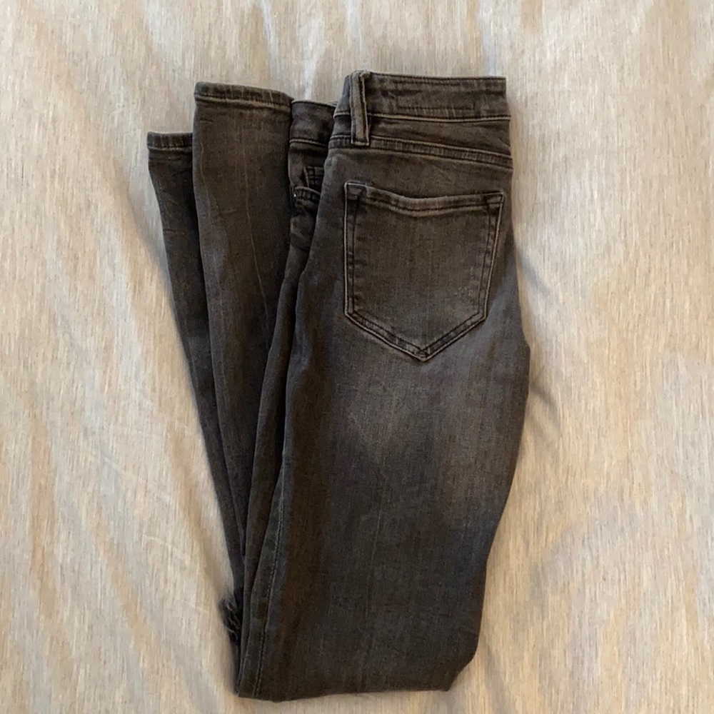 All Saints grey low rise distressed skinny jeans